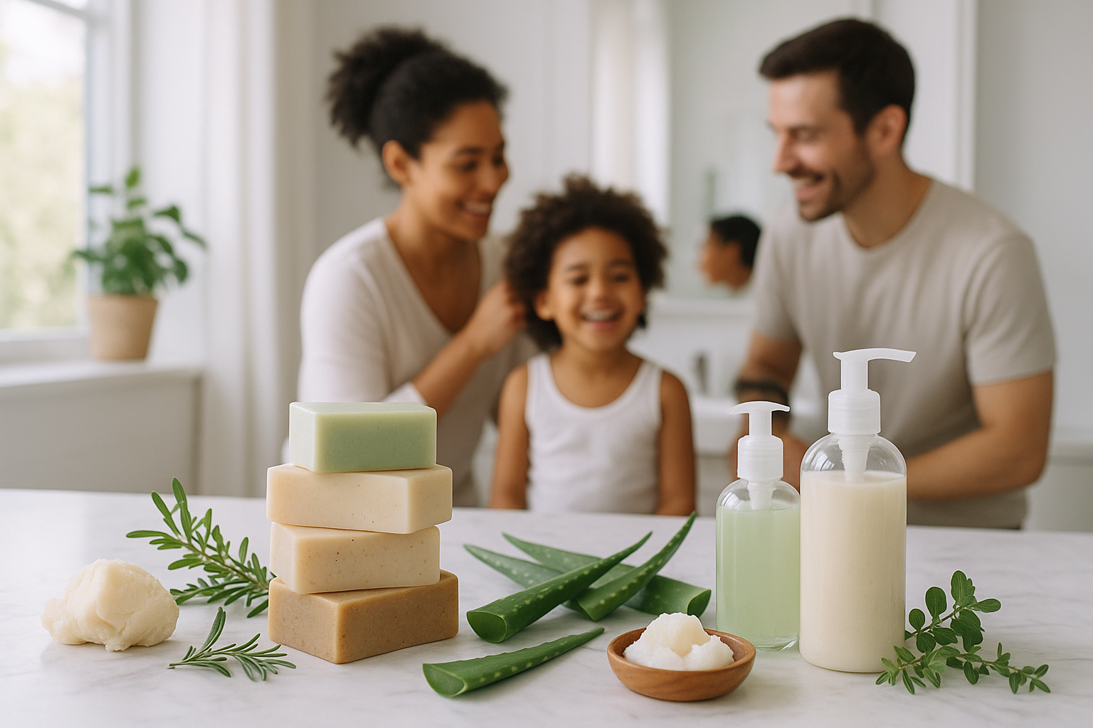 Família feliz com sabonetes naturais e ingredientes botânicos em ambiente de banheiro moderno